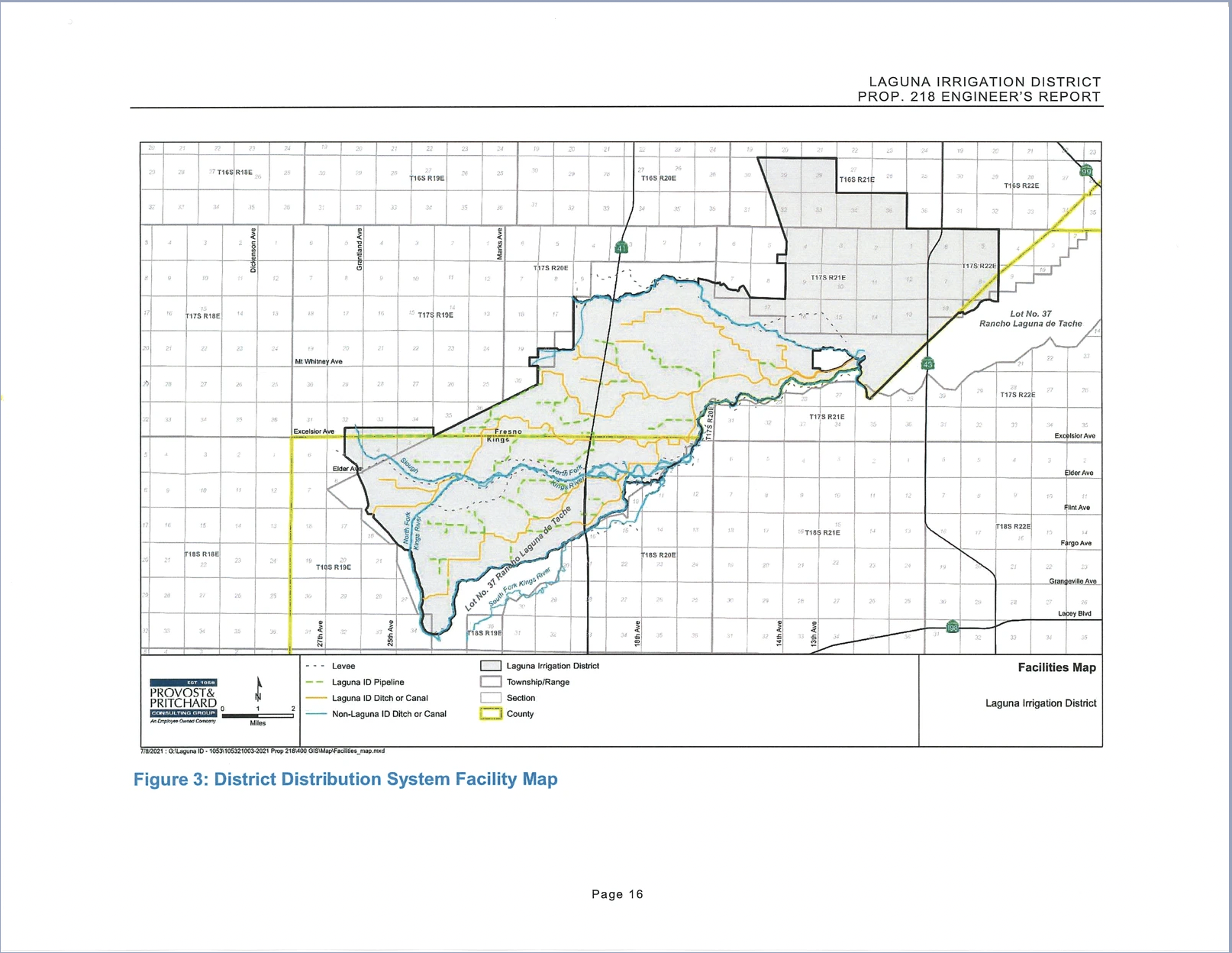 A map of the Laguna Irrigation District distribution system with various marked features.