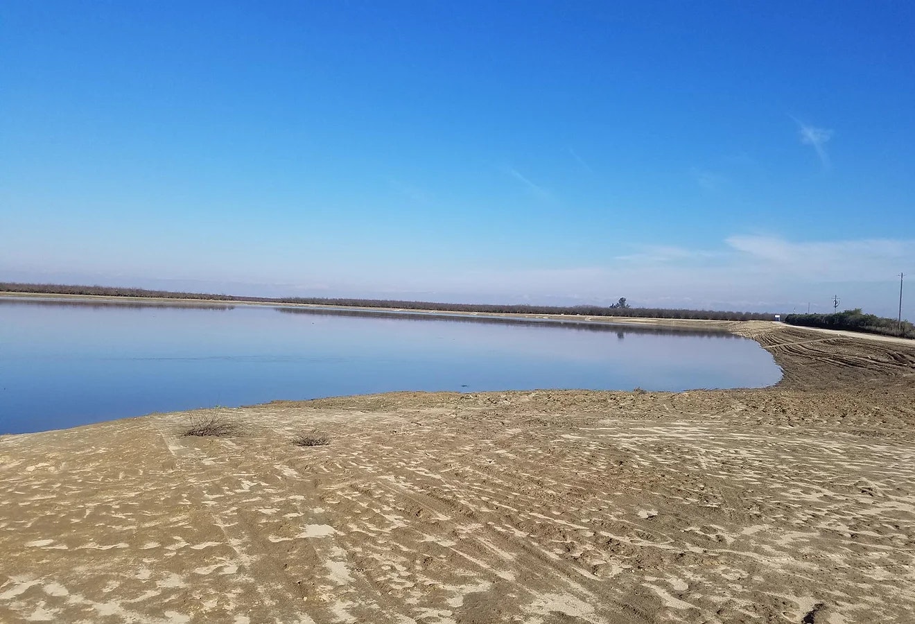 Clear blue sky over a calm lake with a sandy shore and tire tracks nearby.