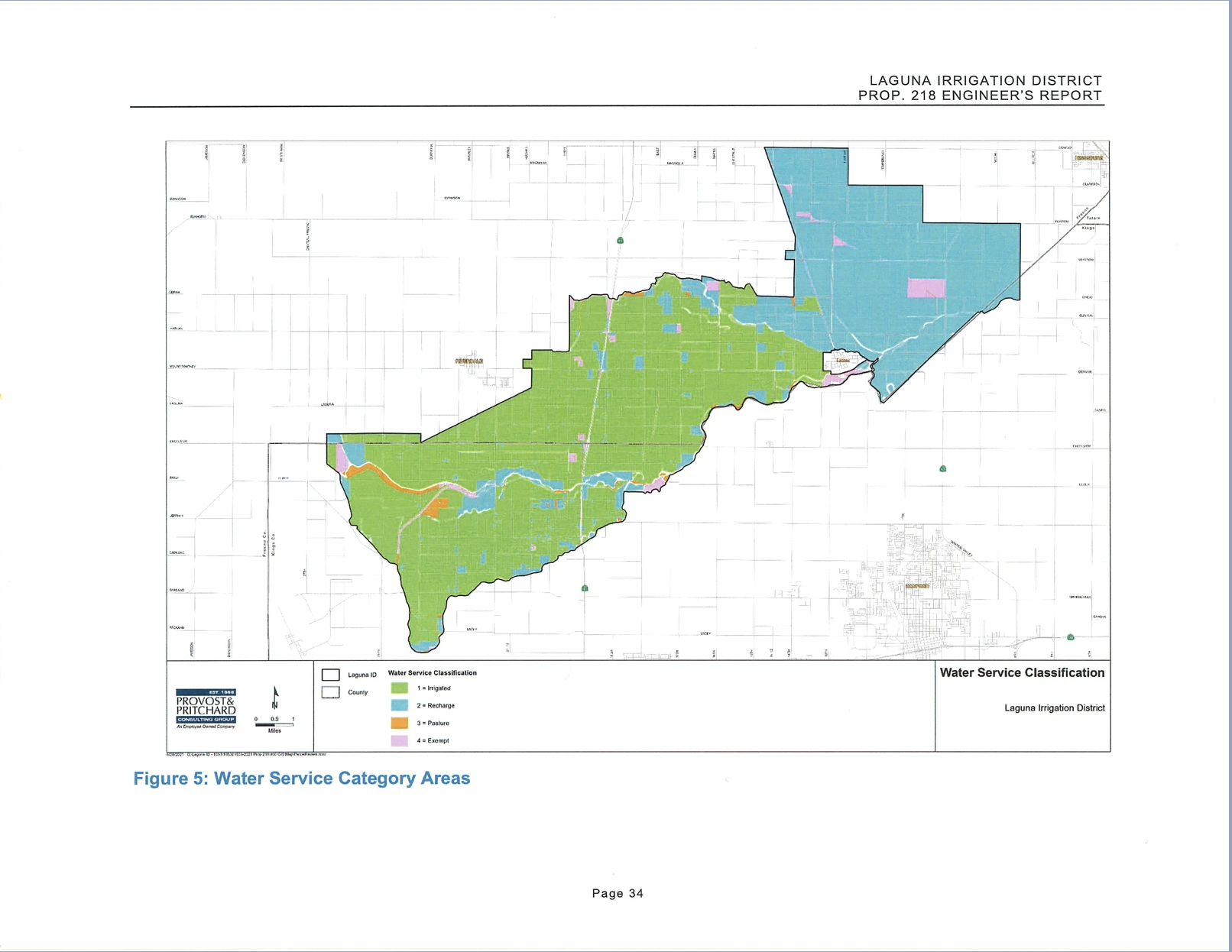A map showing the water service category areas for Laguna Irrigation District with color-coded classifications.