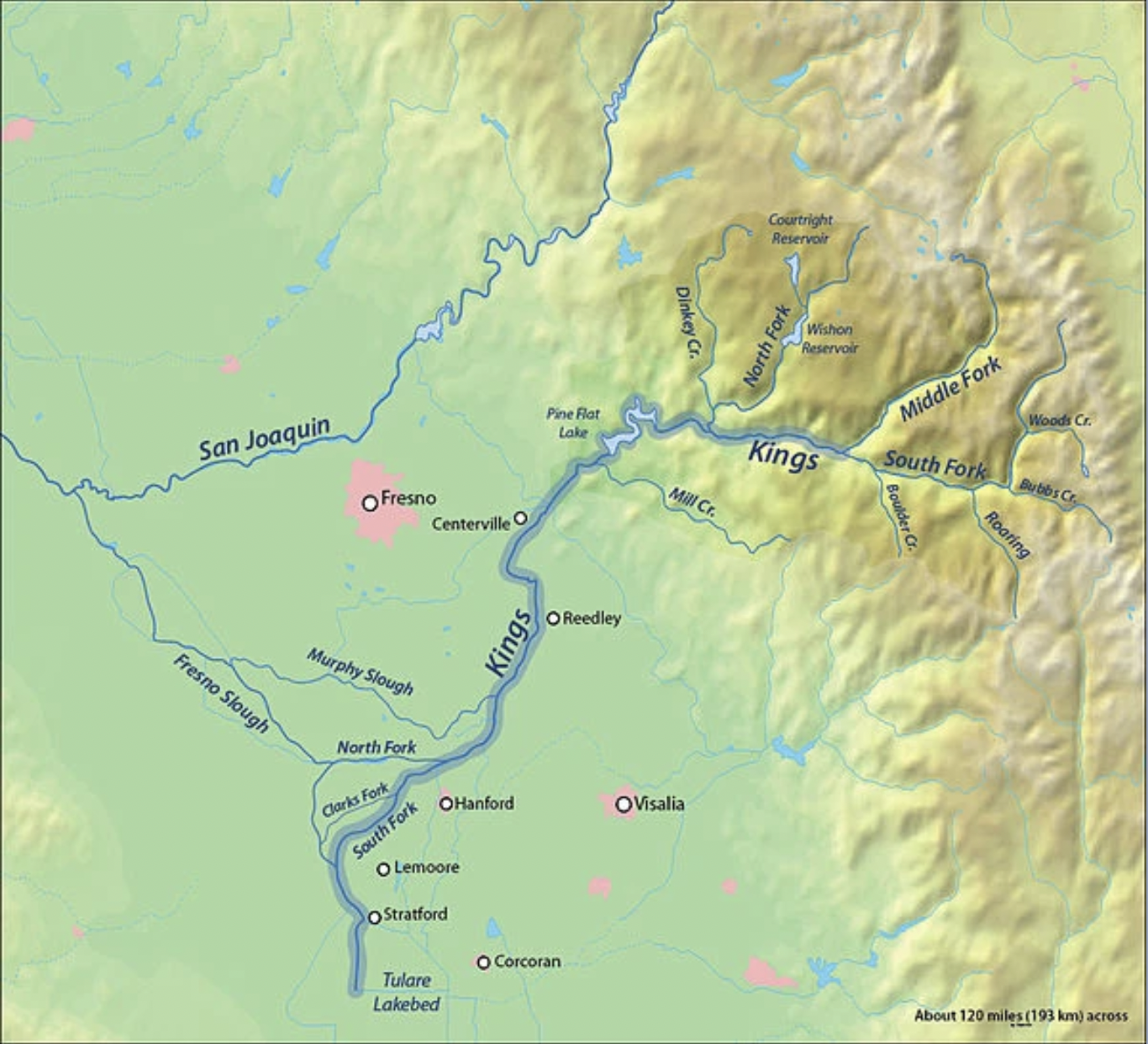 A map showing rivers, towns, and geography in the Fresno-Kings area, California.