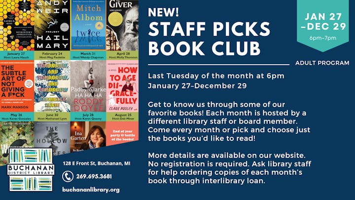 A book club at Buchanan District Library features monthly picks from staff, running from January 27 to December 29, 6 pm.