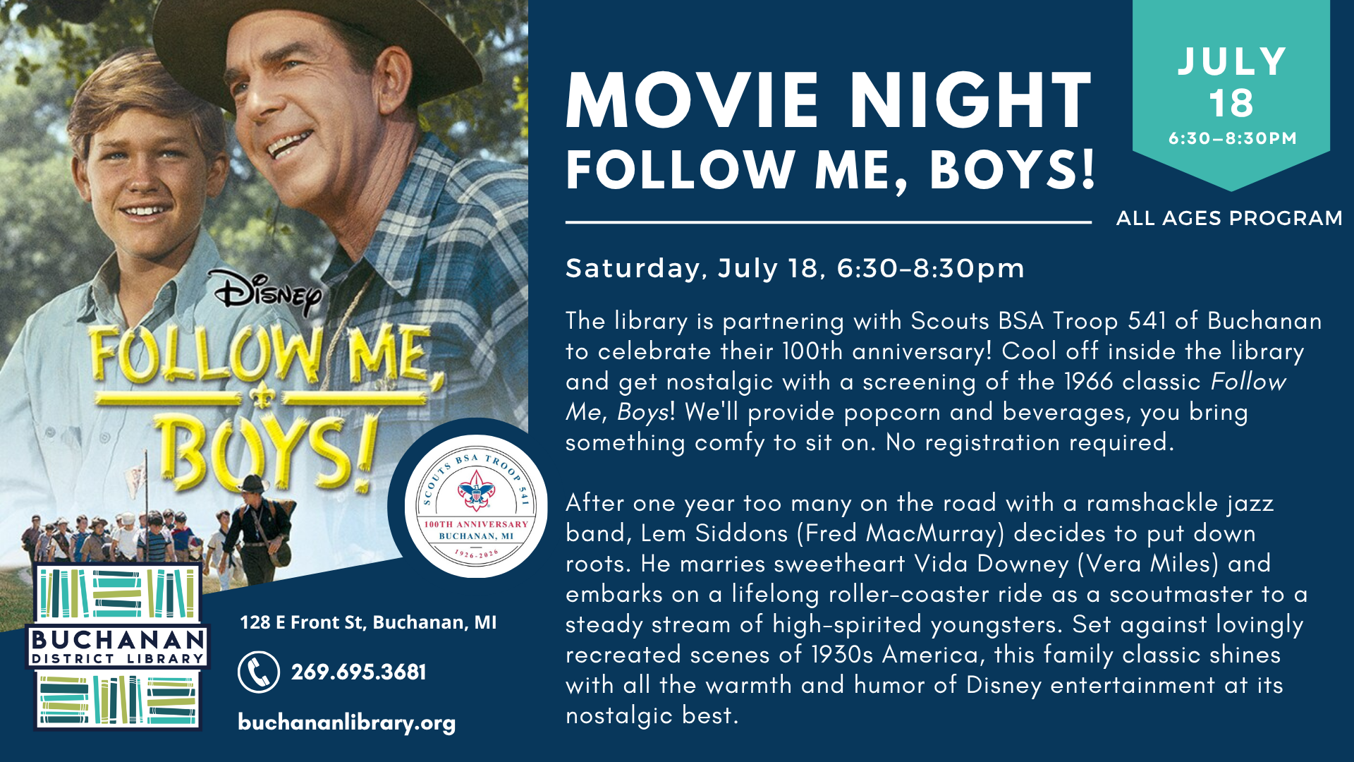 Join us for a movie night, "Follow Me, Boys!" on July 18, 6:30-8:30 PM at Buchanan District Library. All ages welcome!