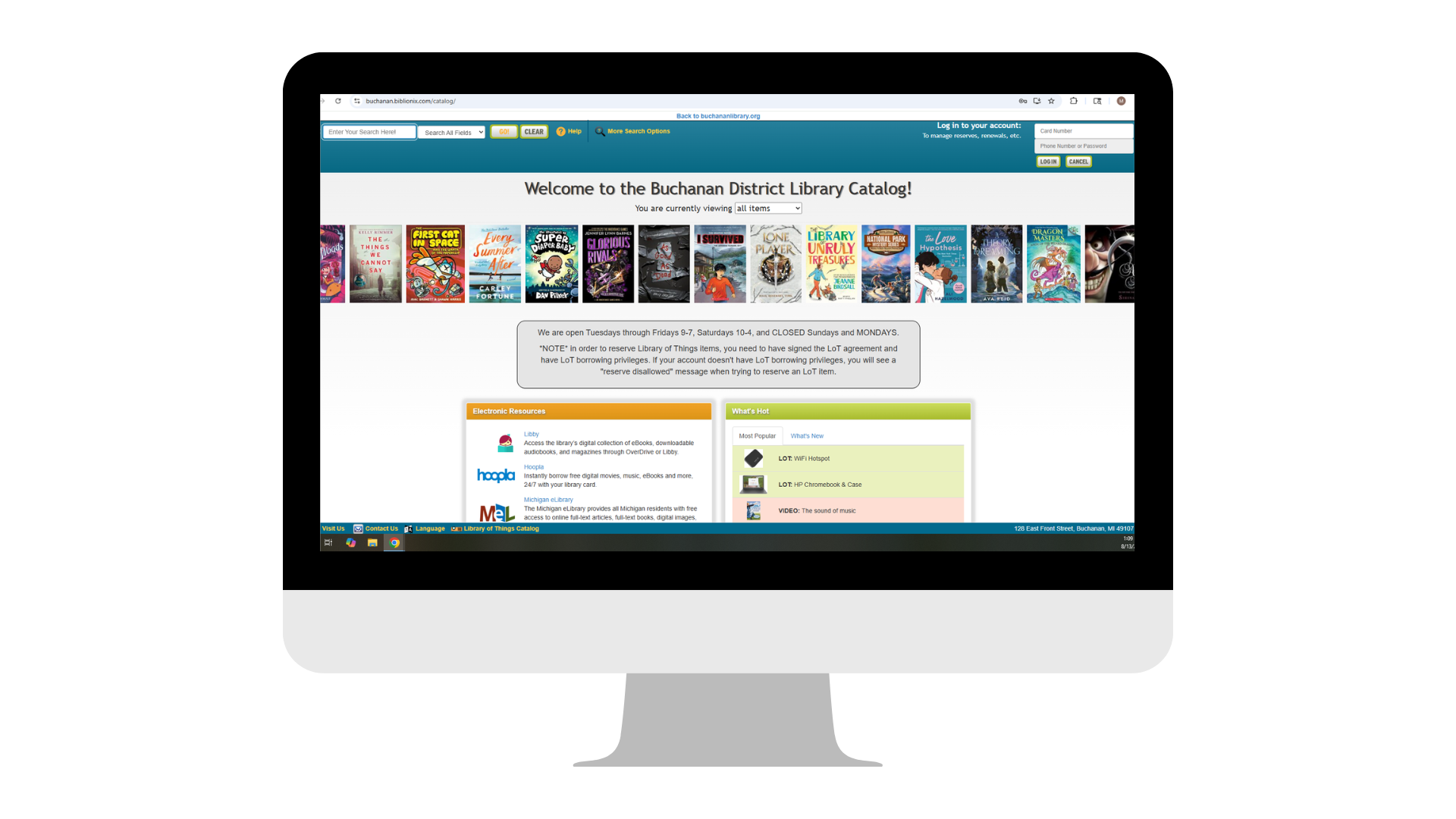 Buchanan District Library's online catalog page with book covers, search bar, login, electronic resources, and library hours info.