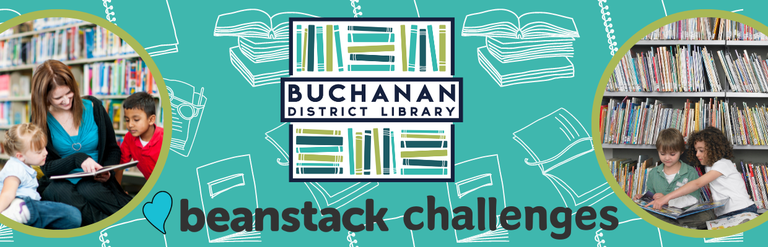 Buchanan District Library's "beanstack challenges" banner with images of children reading.