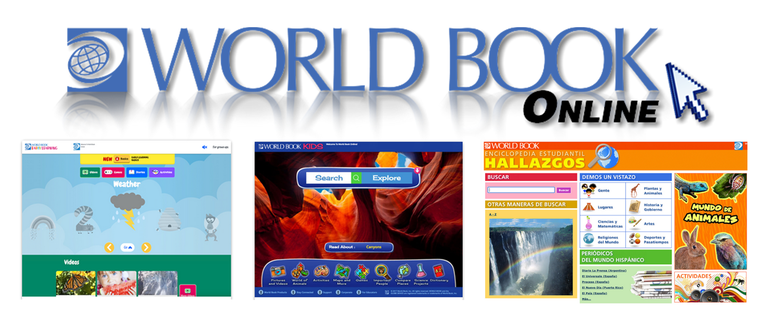 World Book Online banner with three educational website previews for kids and students.