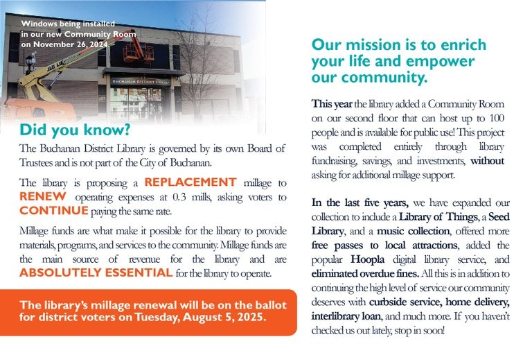 Library update: New community room added. Millage renewal vote on Aug 5, 2025. Expansions include Library of Things and more services.