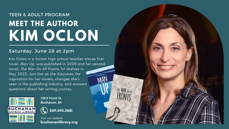 Meet the author event with Kim Oclon, discussing her novels on June 28 at Buchanan Library.