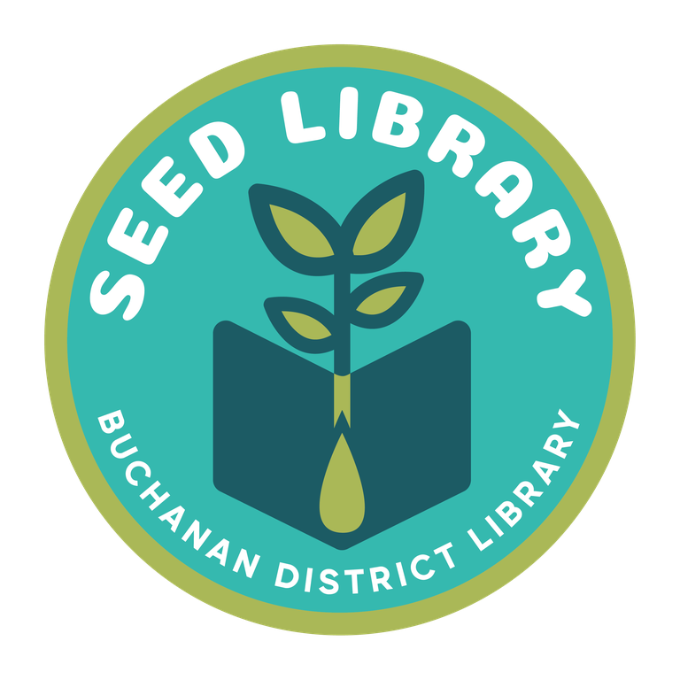 Seed Library logo with a plant and book, Buchanan District Library text.