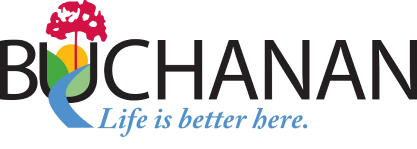 Logo with "BUCHANAN" text, a tree graphic, a colored shape, and the slogan "Life is better here."