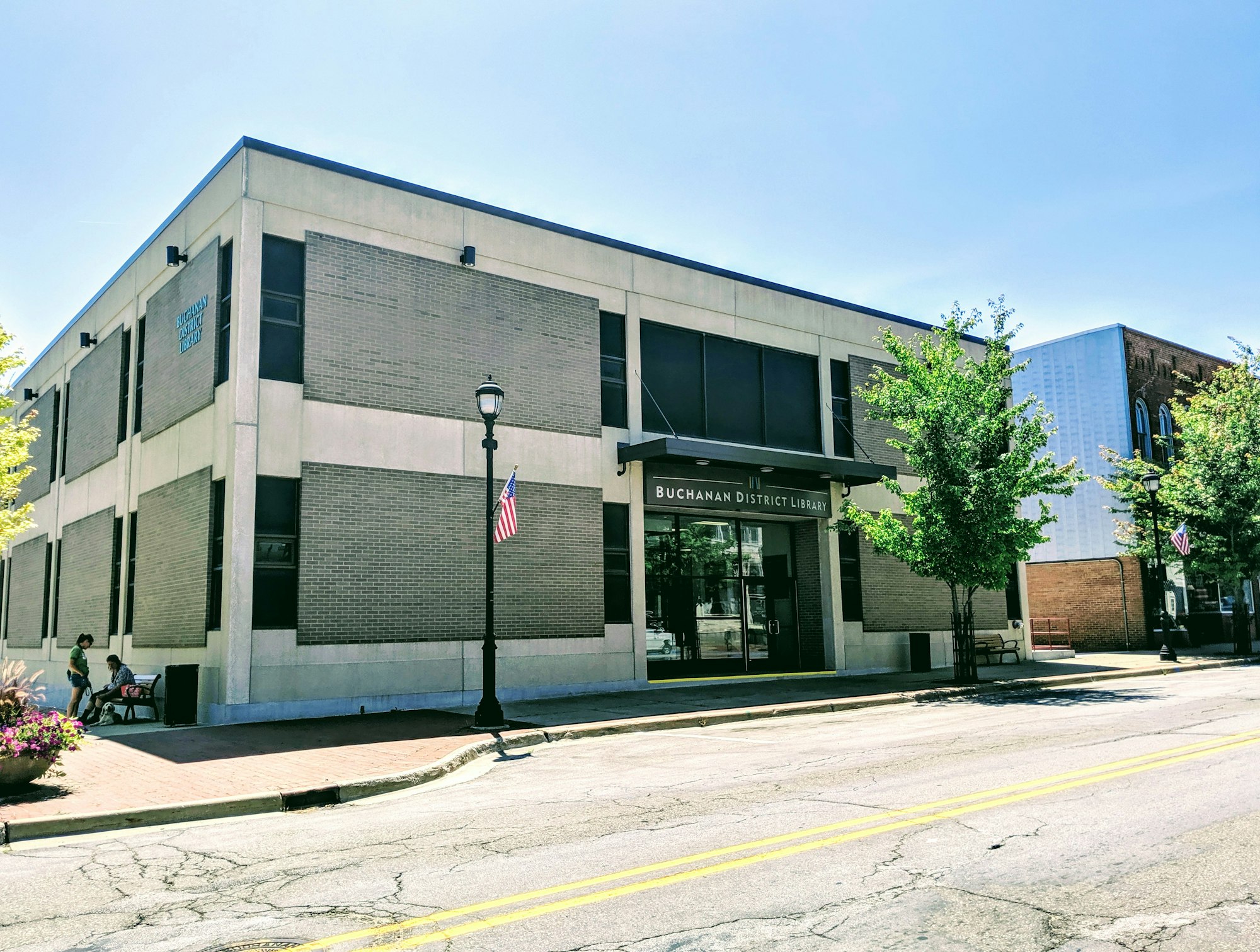 Street view of Buchanan District Library, featuring a brick building, a street lamp with an American flag, and some greenery.
