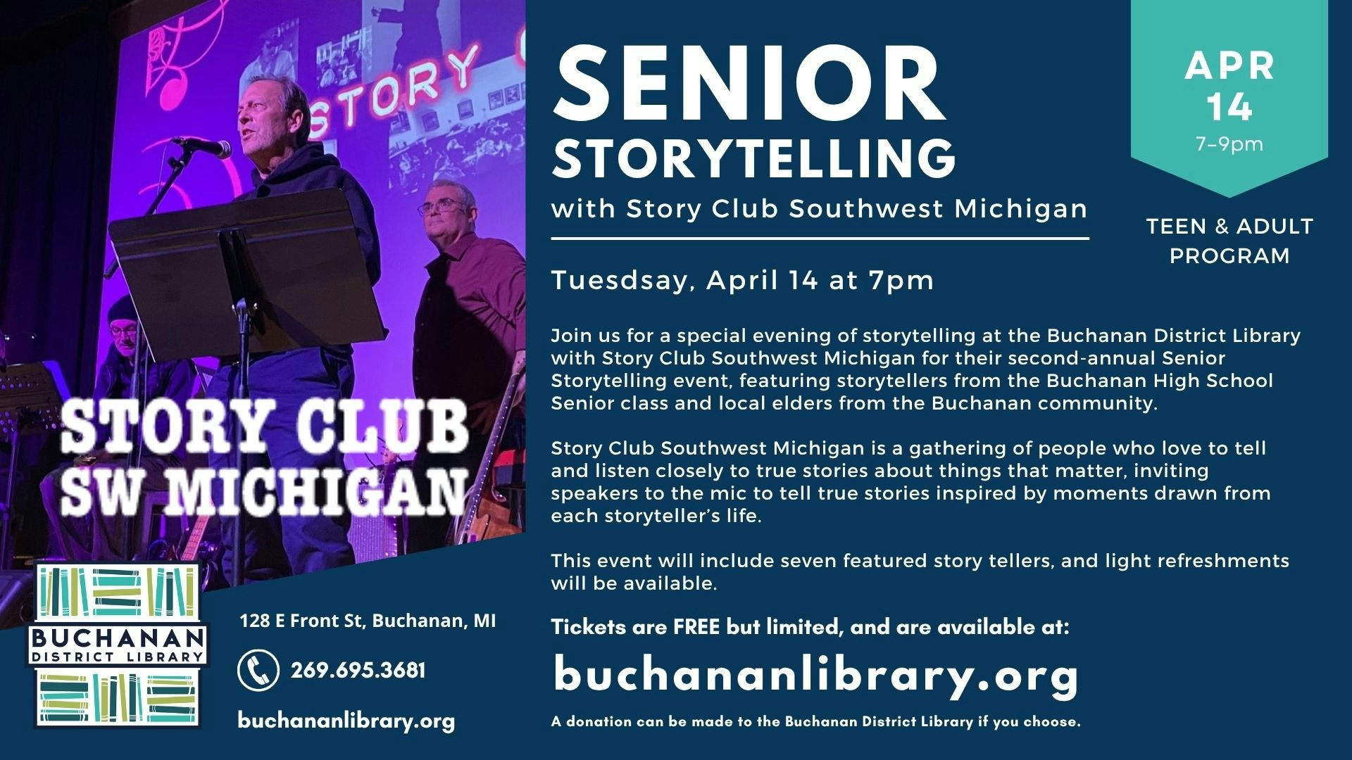 Event flyer for a Senior Storytelling night on April 14 at Buchanan District Library, featuring local storytellers and free tickets.