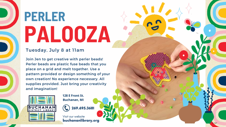 Perler Palooza event at Buchanan Library on July 8, 11am. Create with perler beads, all supplies provided. No experience needed.