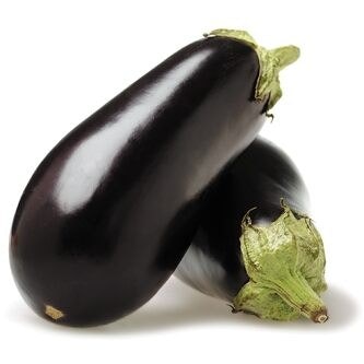 Two whole eggplants with green stems.