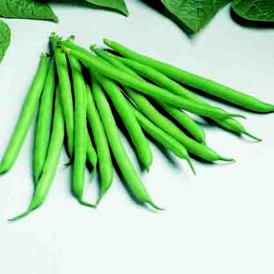 A bunch of fresh green beans on a light surface.