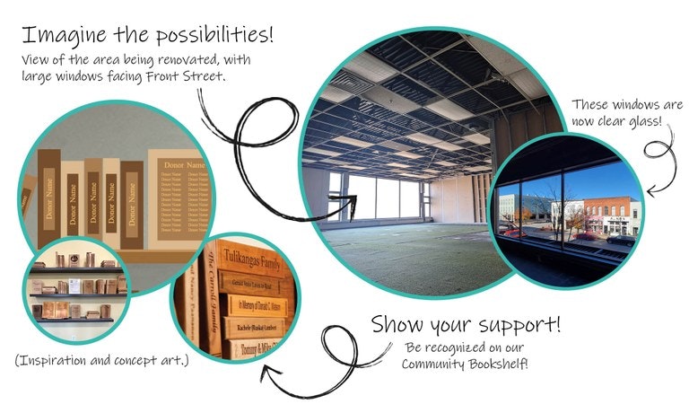Renovation concept art with bookshelves, large windows, and clear glass. Call for support on a community bookshelf.