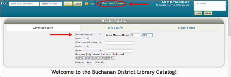Buchanan District Library catalog search interface with advanced search options for Lexile measures and more.