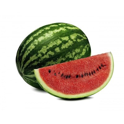 A whole watermelon and a sliced piece showing red flesh and seeds.