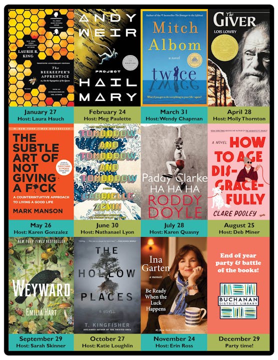A book club schedule featuring various titles and hosts from January to December, including events and a year-end party.