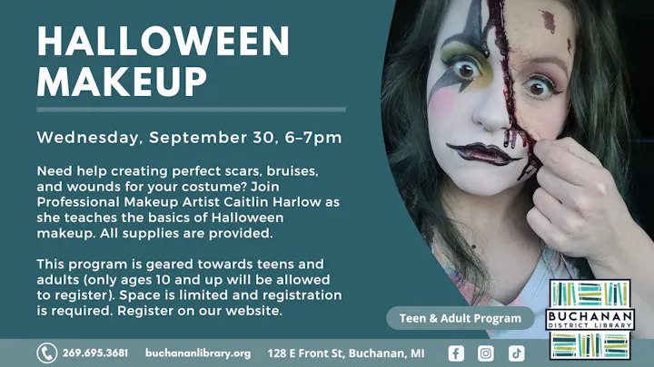 Halloween makeup workshop on Sept 30, 6-7 PM. Learn to create scars and wounds with supplies provided. Register online!