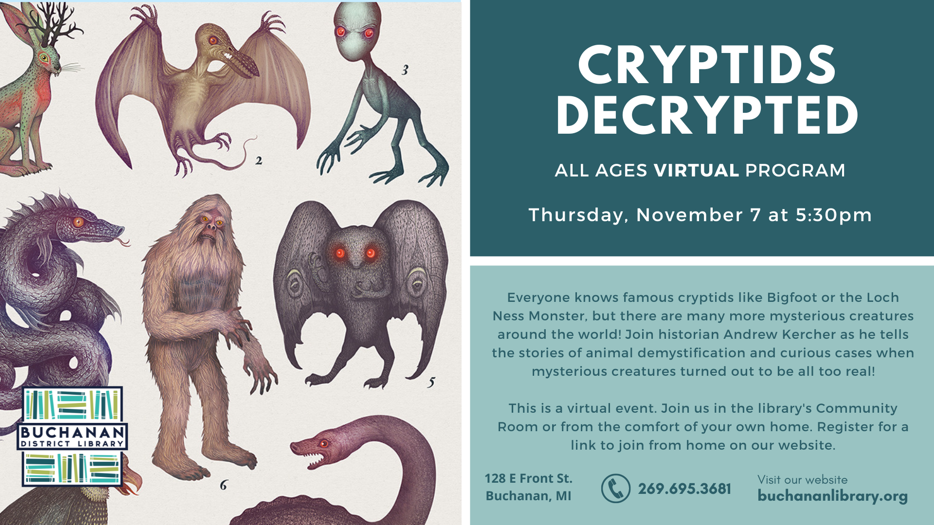 "Cryptids Decrypted" virtual event poster with illustrations of mythical creatures. Happening Nov 7 at 5:30pm by Buchanan District Library.