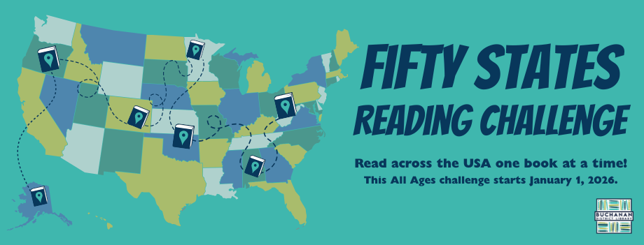 A map promoting the "Fifty States Reading Challenge" starting January 1, 2026, encouraging reading one book per state.