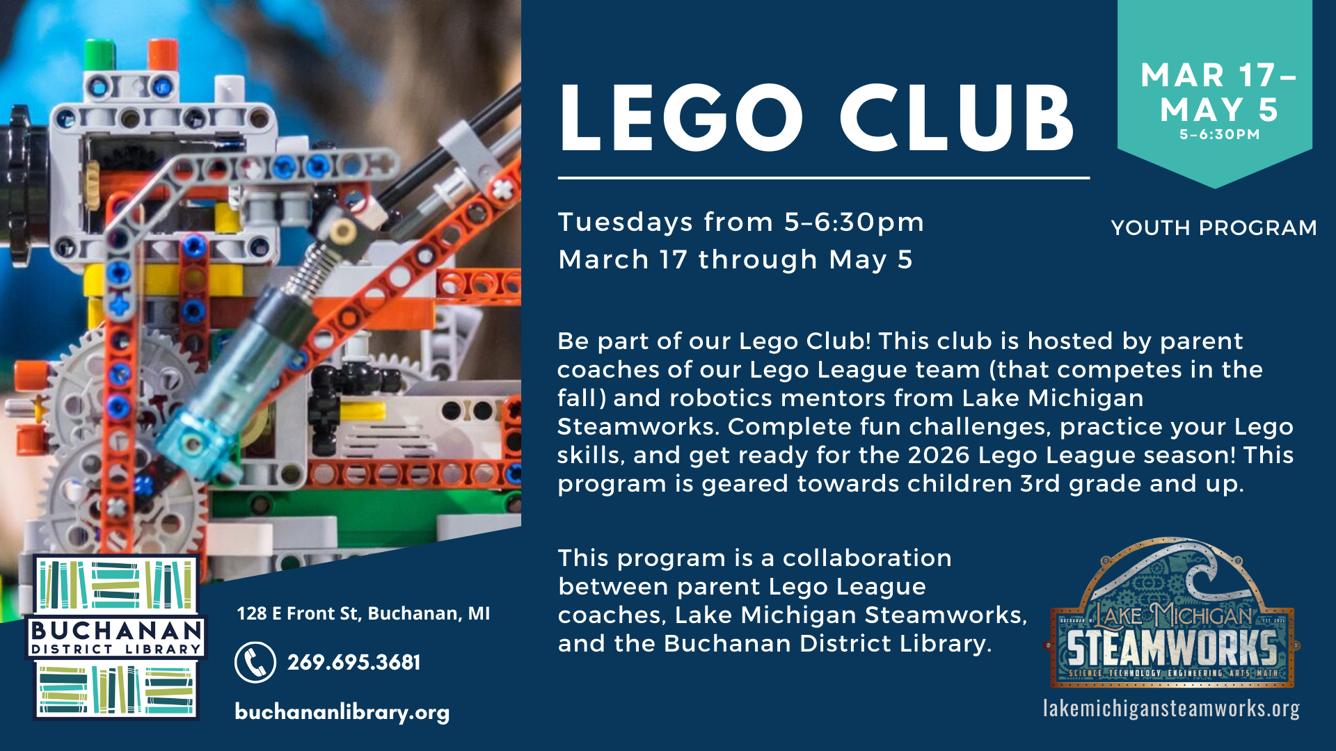 Promotional flyer for a Lego Club at Buchanan District Library, running Tuesdays from March 17 to May 5, focused on youth robotics.