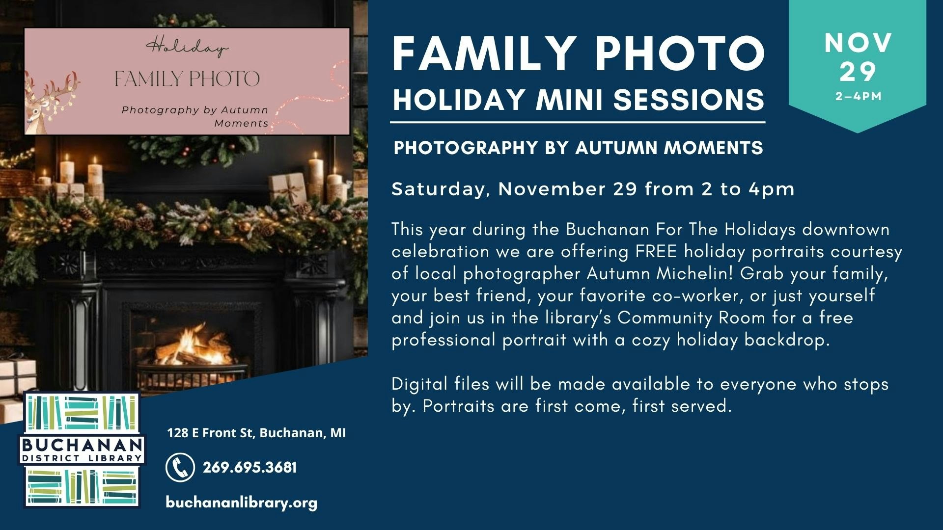 Flyer for free holiday mini photo sessions on Nov 29, 2-4 PM, at Buchanan Library by Autumn Moments.