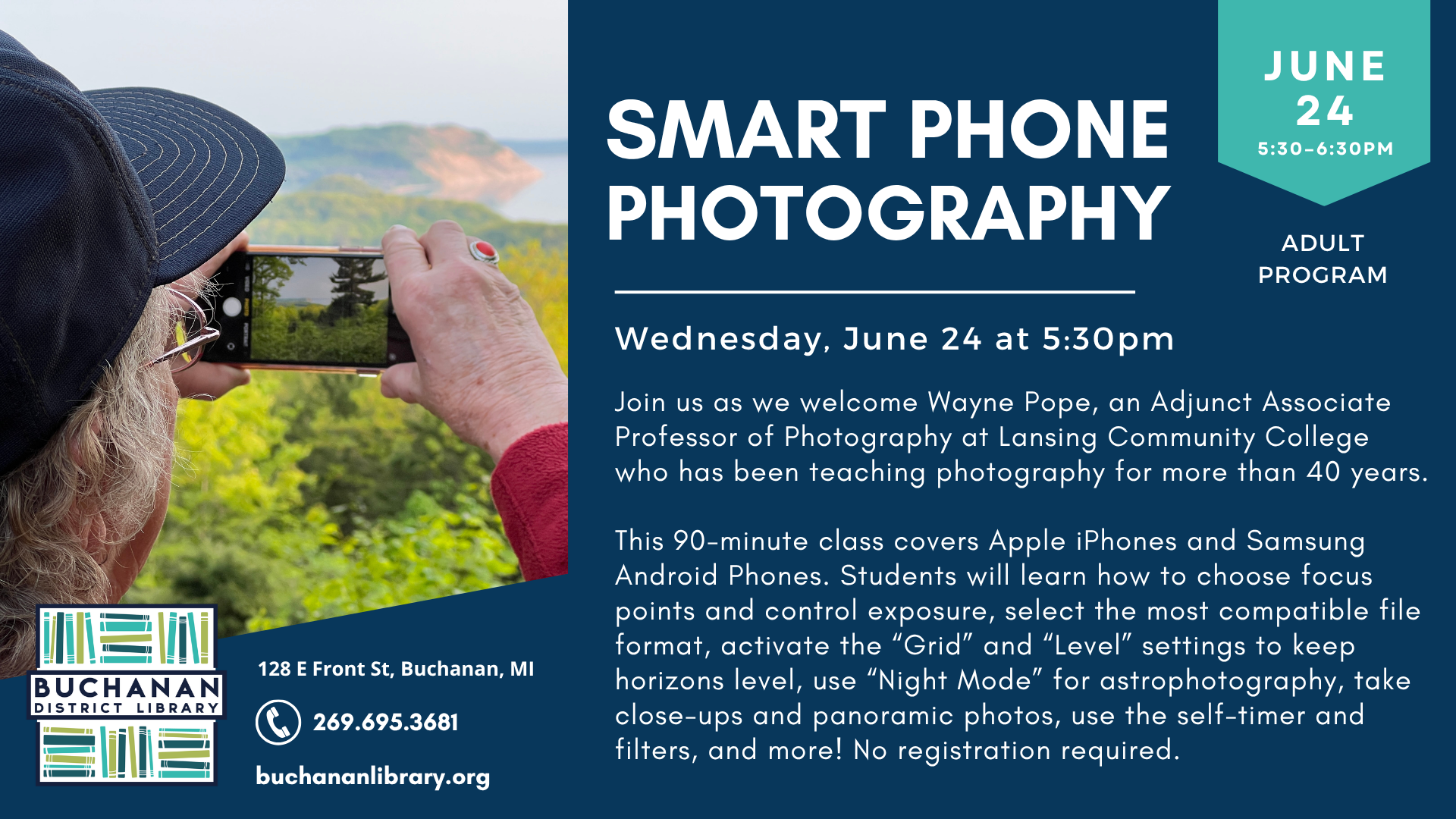 An upcoming smartphone photography class at Buchanan District Library, featuring Wayne Pope, on June 24 at 5:30 PM.
