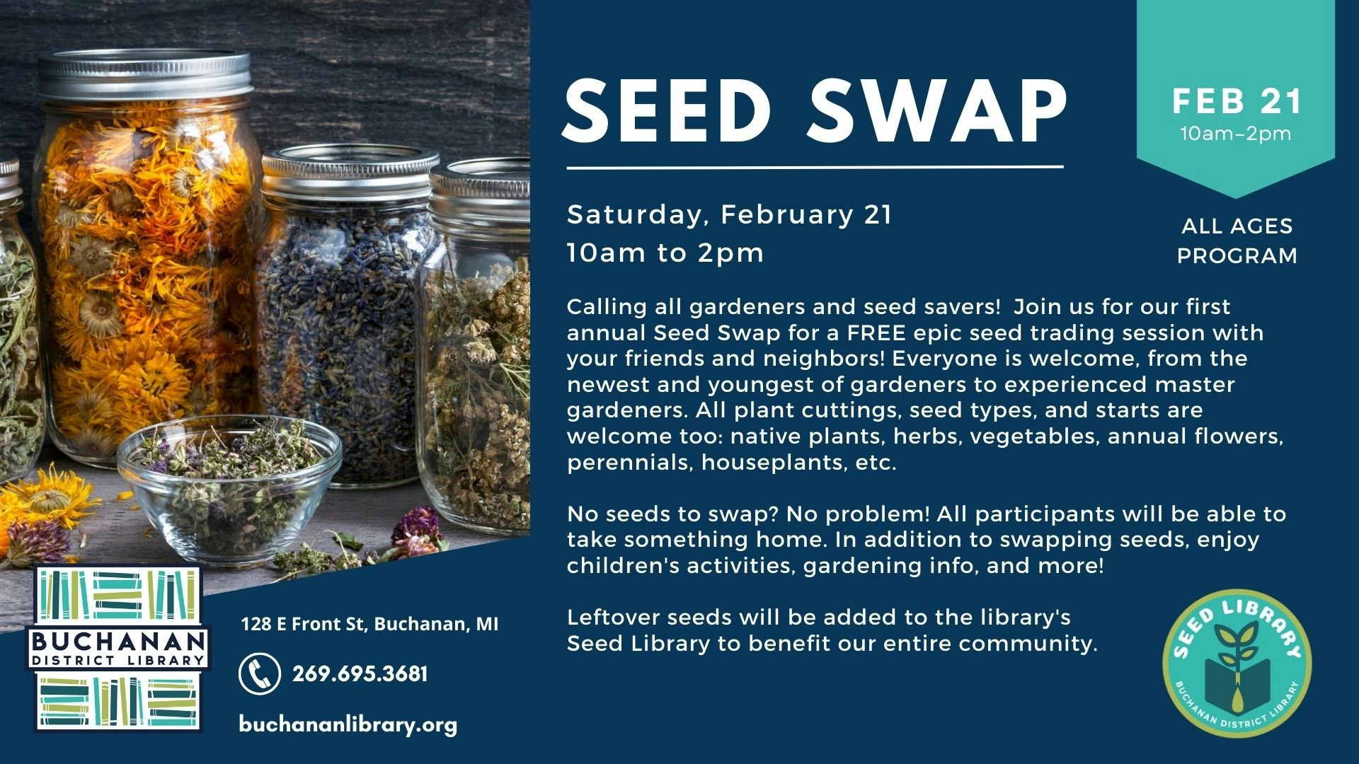 The image promotes a Seed Swap event at the Buchanan District Library on February 21, encouraging gardeners to trade seeds and plant cuttings.