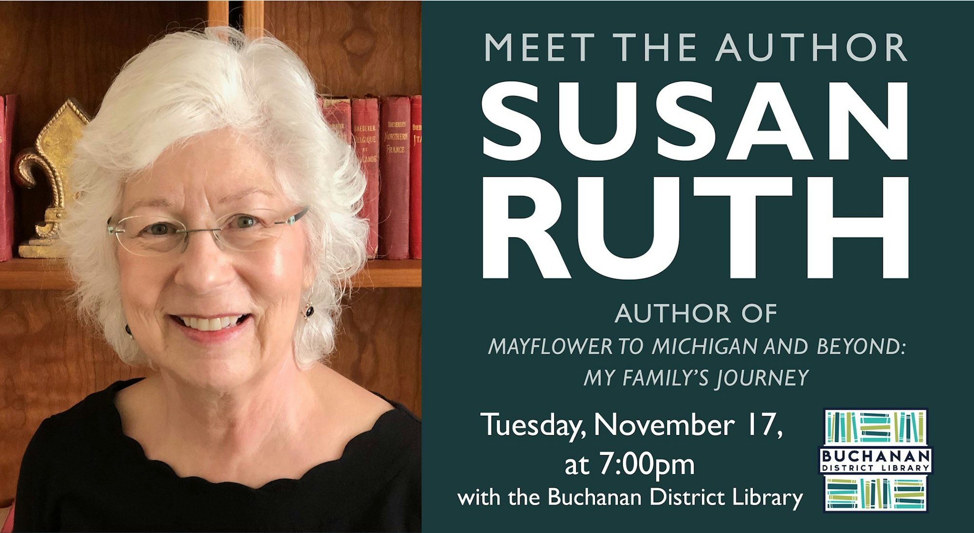 Author Susan Ruth event on Nov 17, 7:00pm, at Buchanan District Library.
