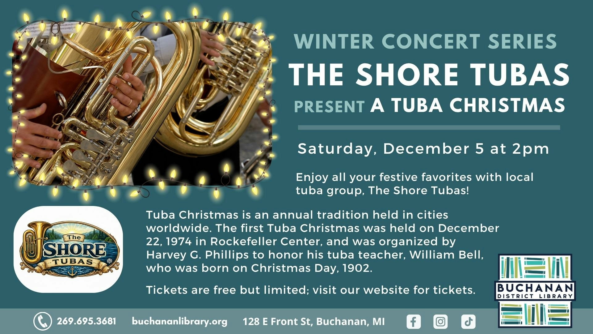 May contain: brass section, horn, musical instrument, tuba, advertisement, and poster