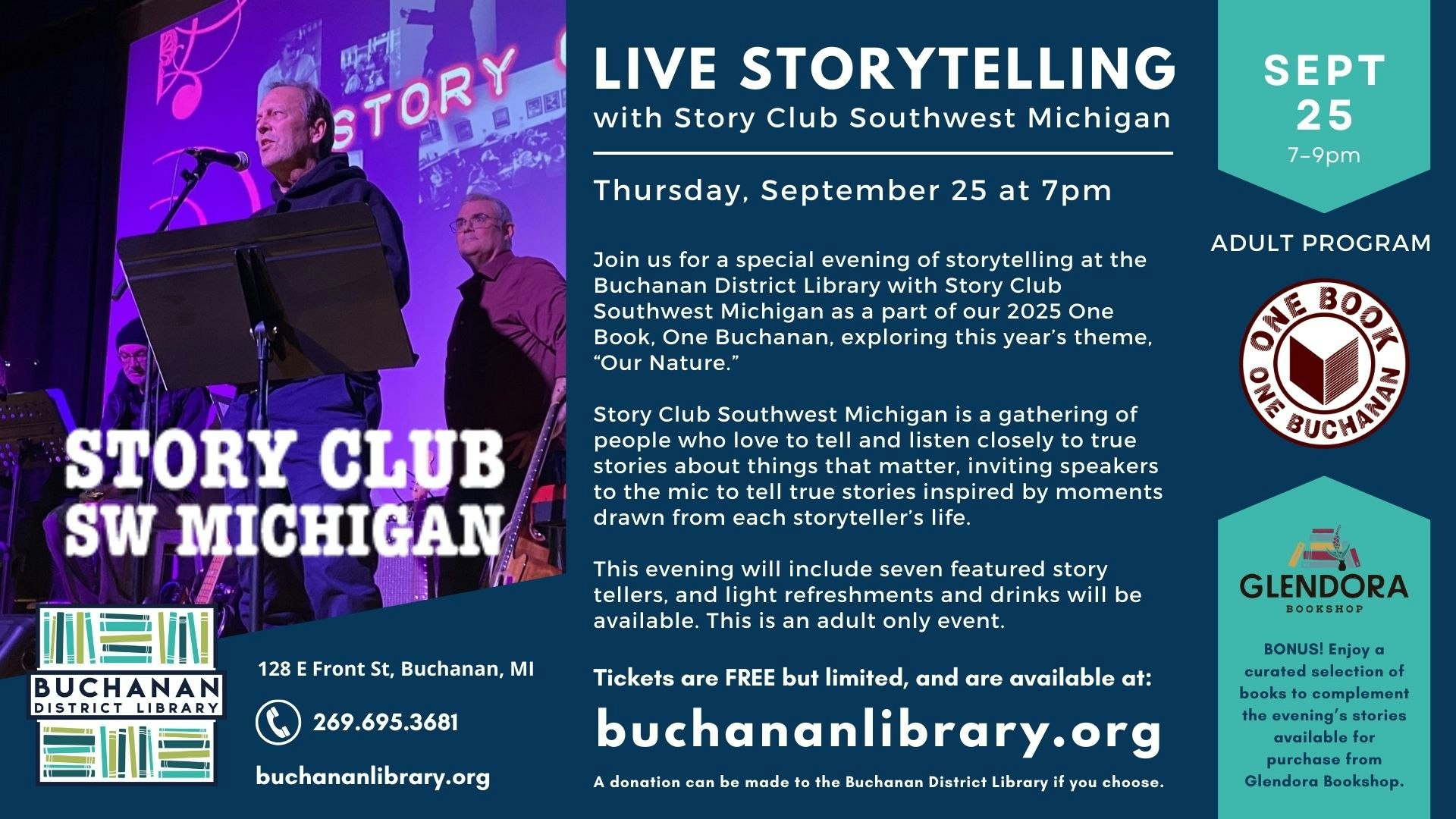 Live storytelling event by Story Club SW Michigan at Buchanan Library, Sept 25, 7-9pm. Free, adult-only event. Info: buchananlibrary.org