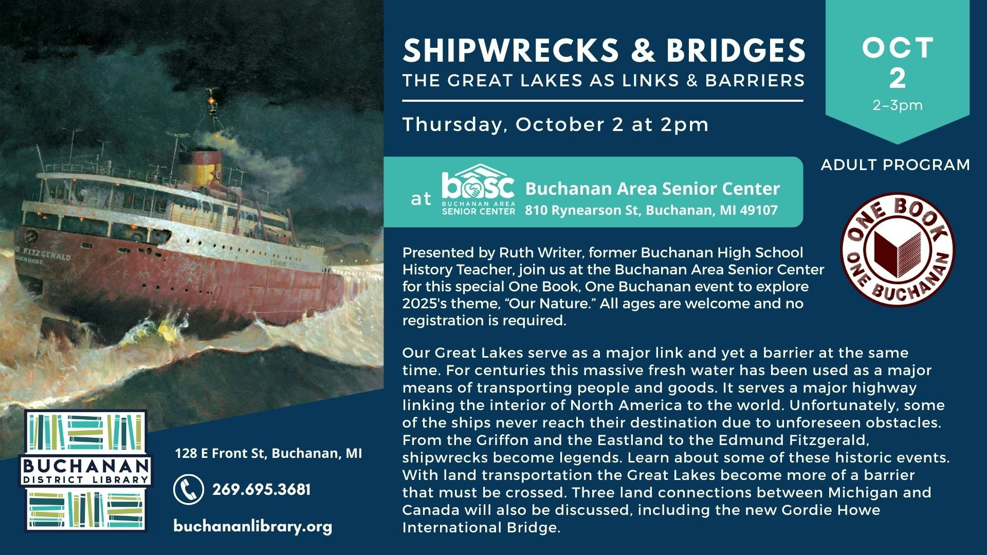 Event flyer for "Shipwrecks & Bridges" at Buchanan Area Senior Center on Oct 2, discussing Great Lakes' history.