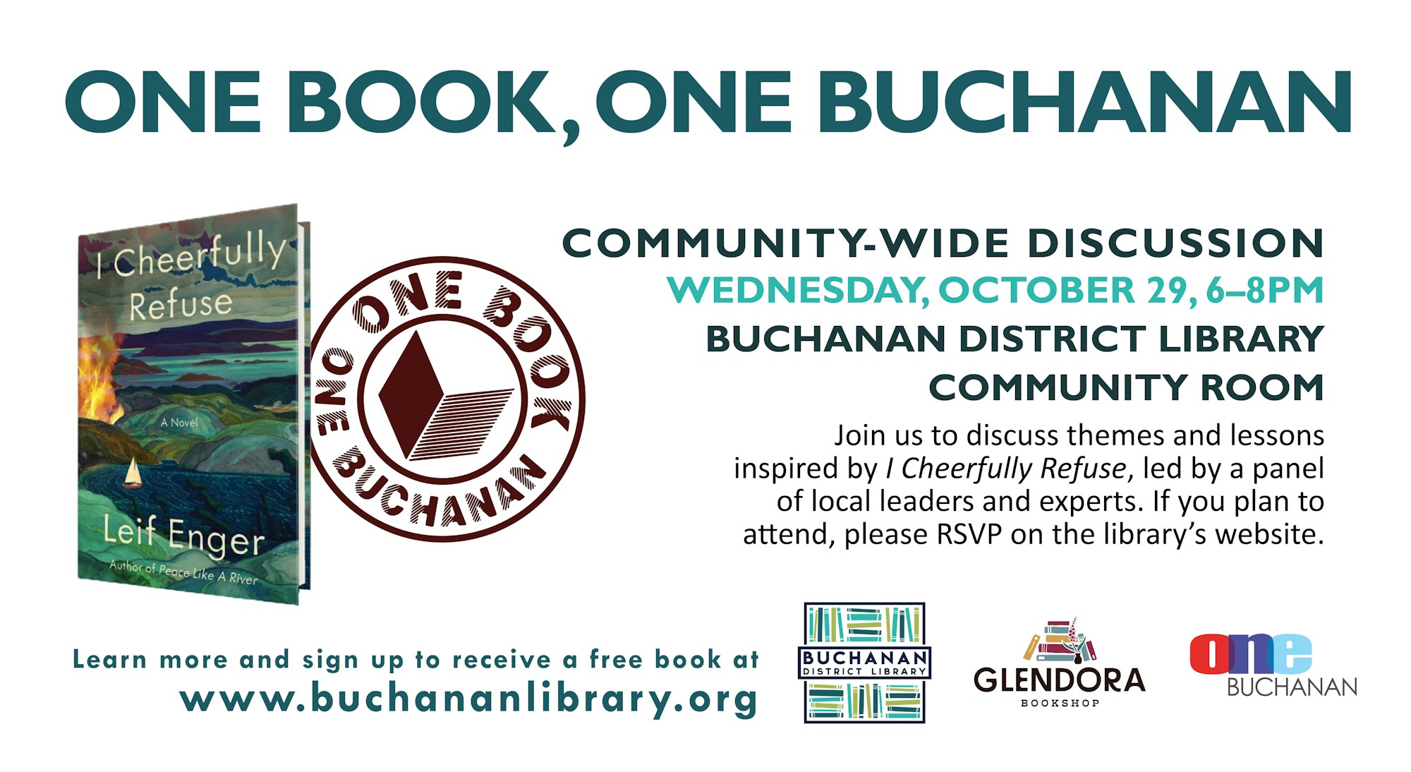 Community book discussion on "I Cheerfully Refuse" at Buchanan District Library, Oct 29, 6-8 PM. Sign up at www.buchananlibrary.org.