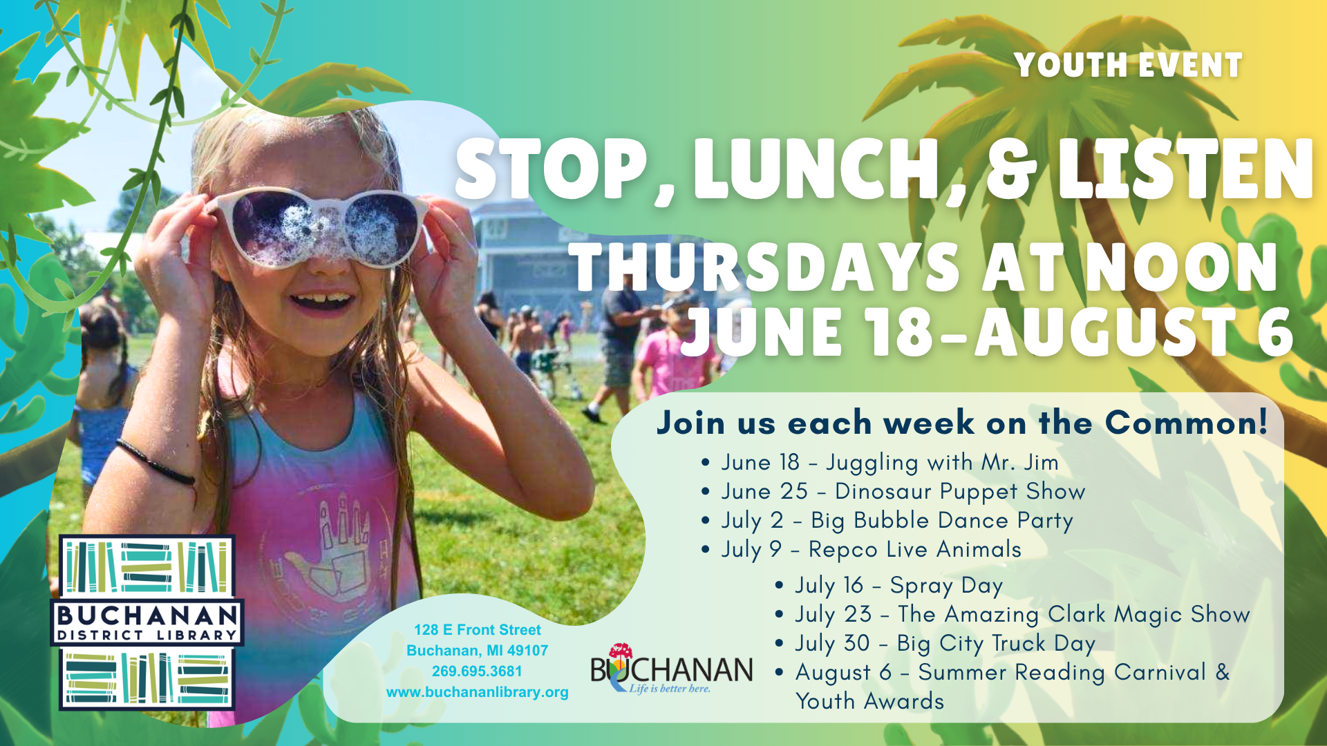 The image promotes a youth event series at the Buchanan District Library, featuring activities from June 18 to August 6.