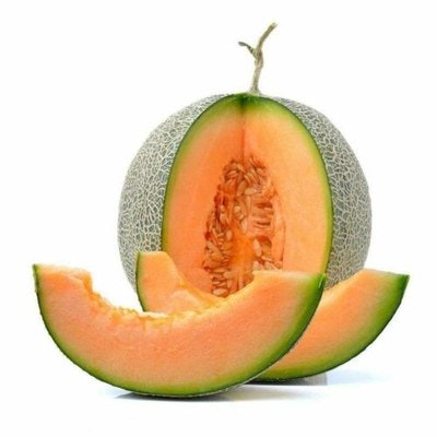 Whole and sliced cantaloupe with orange flesh.