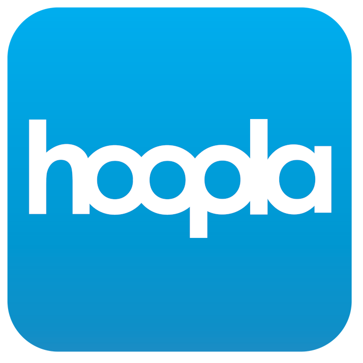 The image shows the logo of "hoopla" on a blue background.