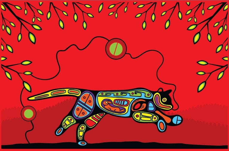 A stylized animal with colorful patterns on a red background, framed by branches with leaves.