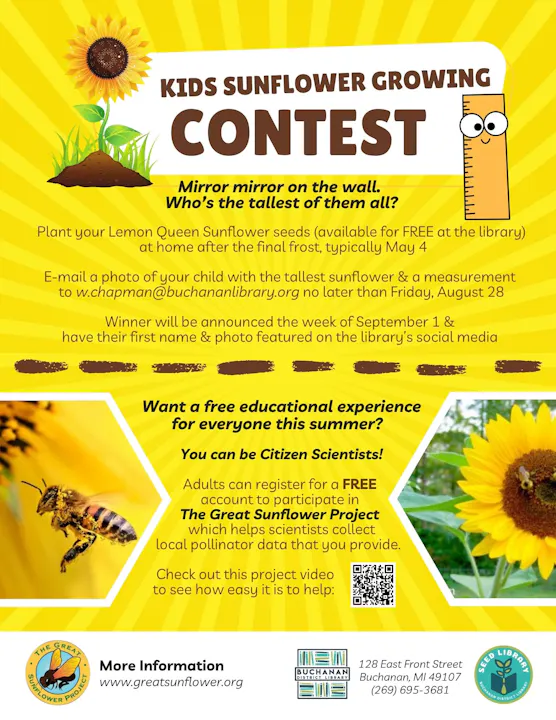 Kids can enter a sunflower growing contest, with free seeds from the library. Submit photos by Aug 28 for a chance to be featured!