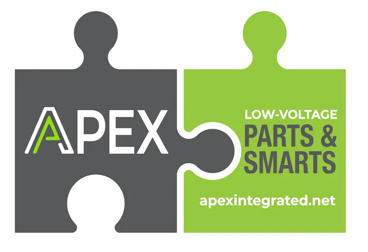 The image features a puzzle piece logo for APEX, emphasizing "Low-Voltage Parts & Smarts" with a website link.