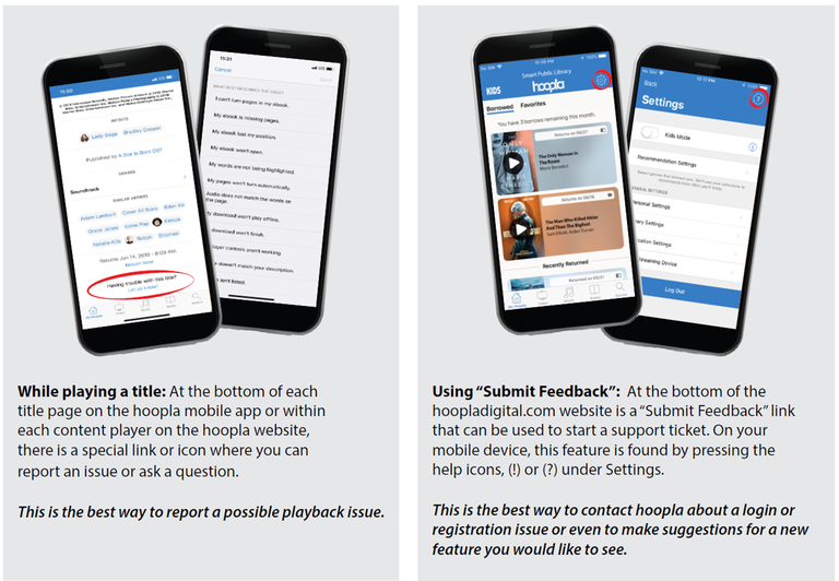 Smartphone screens showing steps to report issues on the Hoopla app: report playback issues or submit feedback via settings.