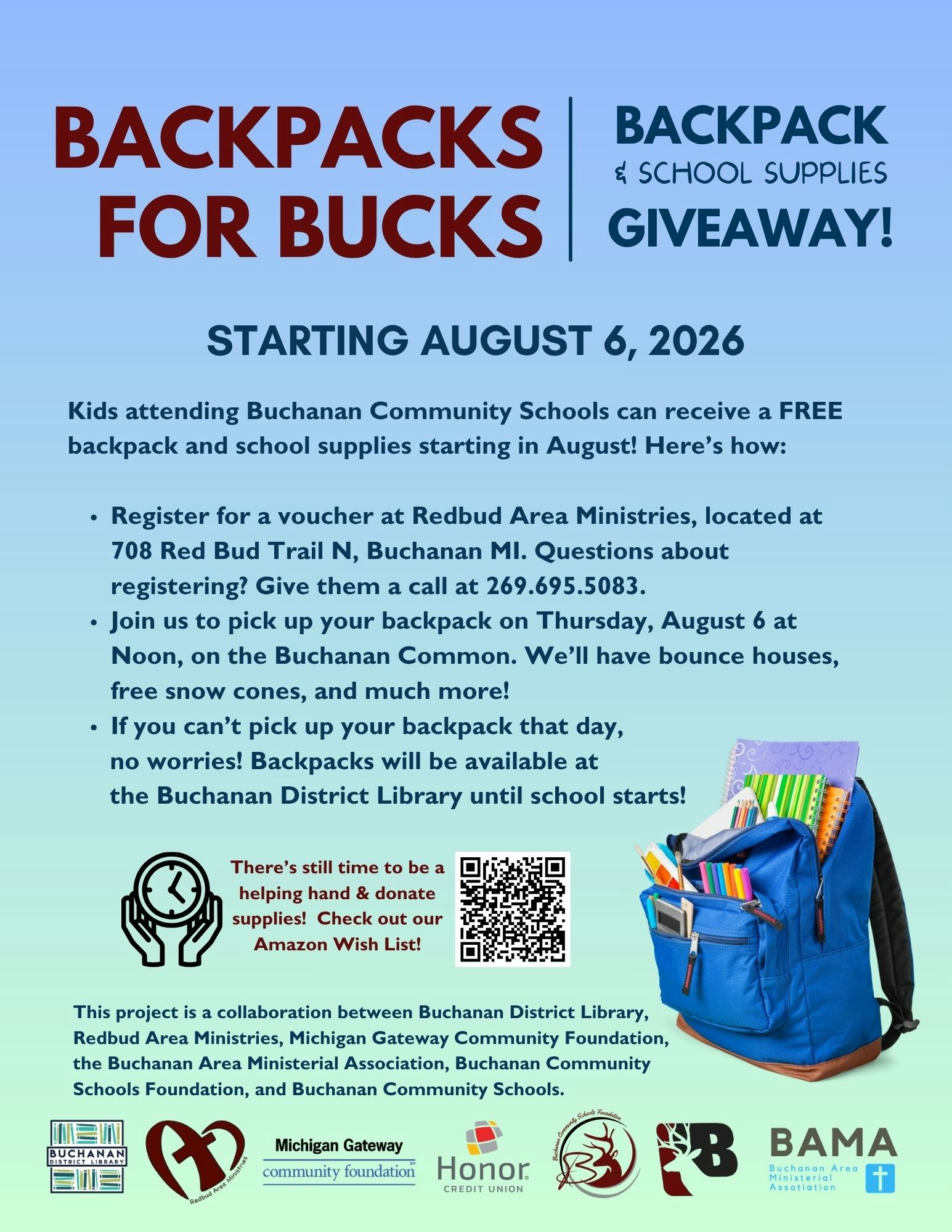 The image promotes a free backpack and school supplies giveaway for Buchanan Community Schools, starting August 6, 2026.