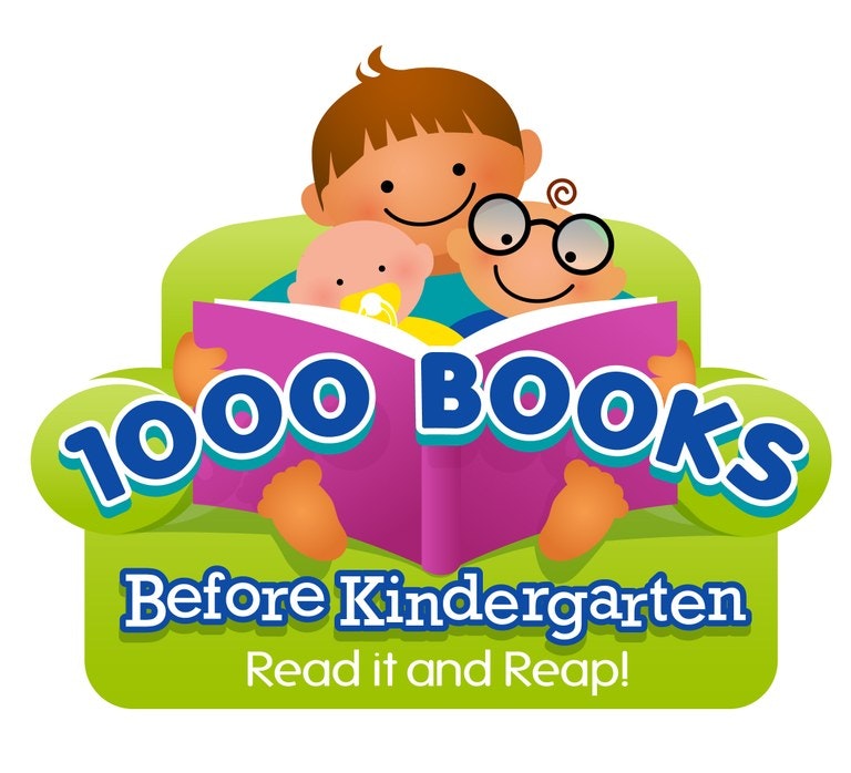 Cartoon of three kids reading. Text: "1000 Books Before Kindergarten. Read it and Reap!"