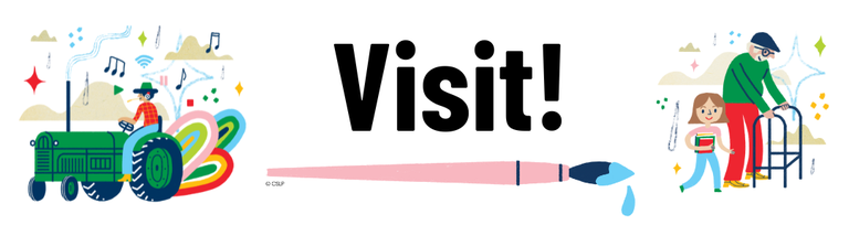 "Visit!" with illustrations of a farmer on a tractor, a paintbrush, and a child helping an elderly person with a walker.