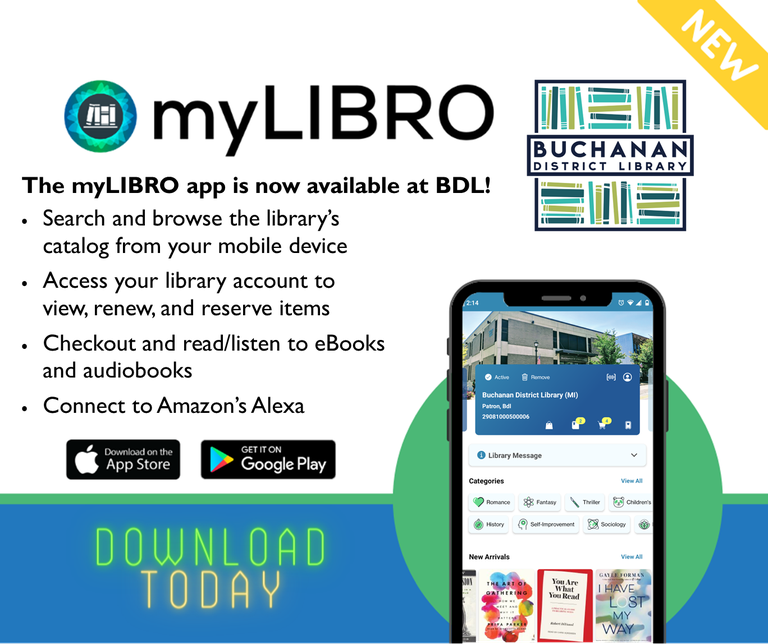 The image promotes the myLIBRO app for Buchanan District Library, highlighting features and download options for mobile devices.