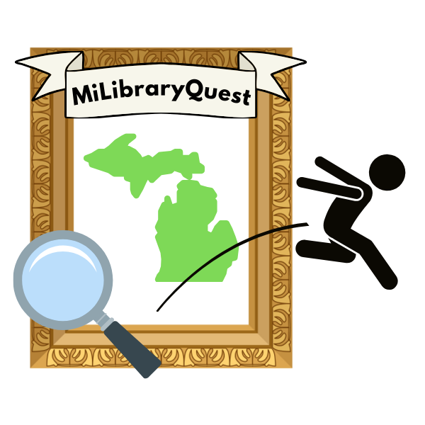 Artwork with "MiLibraryQuest," Michigan map, magnifying glass, and stick figure jumping.