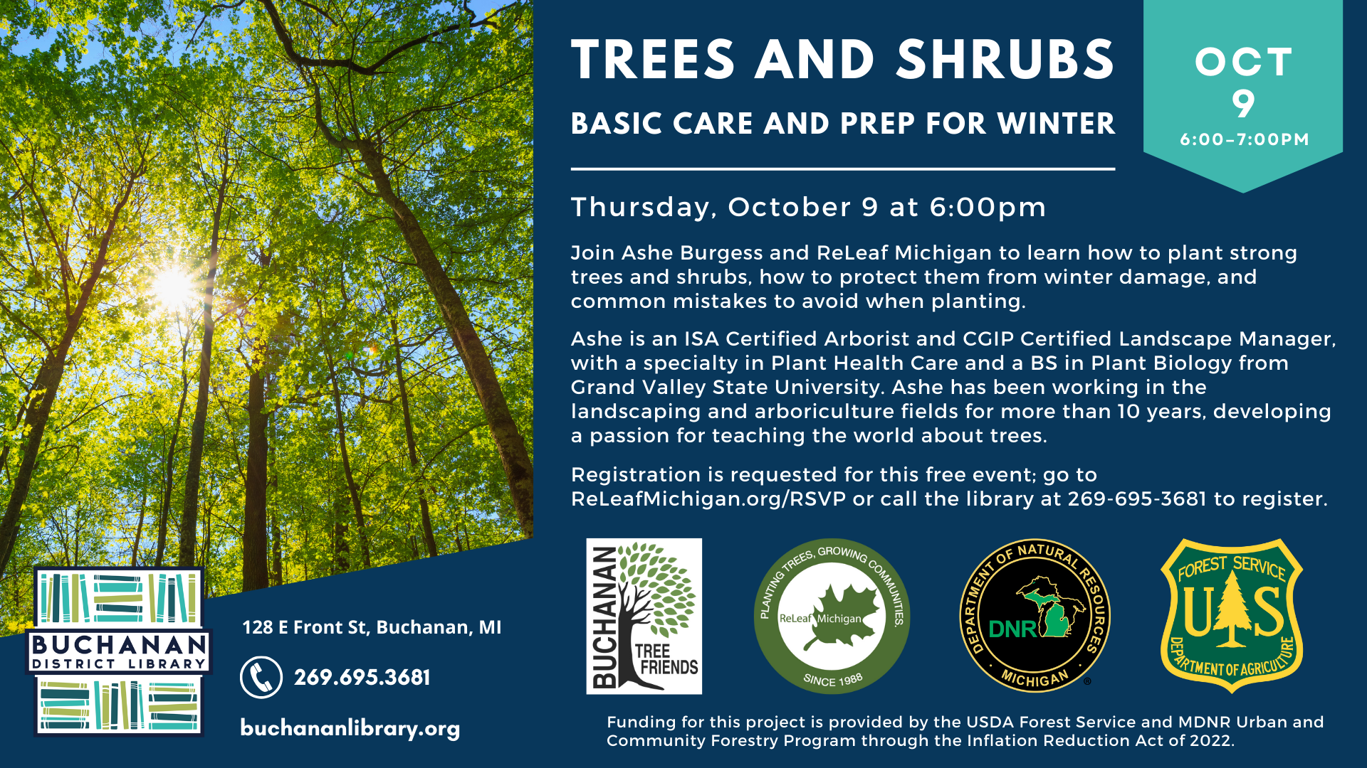 Event flyer for "Trees and Shrubs" on Oct 9, 6:00-7:00 PM at Buchanan District Library. Registration details included.