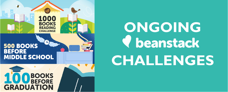 Ongoing Beanstack challenges: 1000 Books Reading Challenge, 500 Books Before Middle School, 100 Books Before Graduation.
