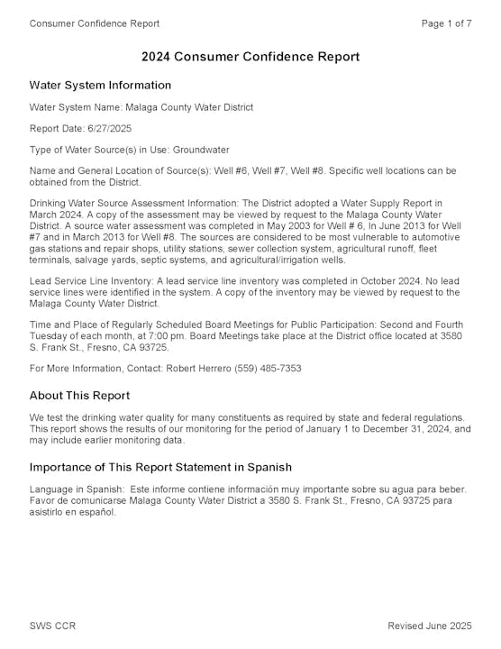 2024 Consumer Confidence Report for Malaga County Water District, detailing water sources, assessments, and contact info.