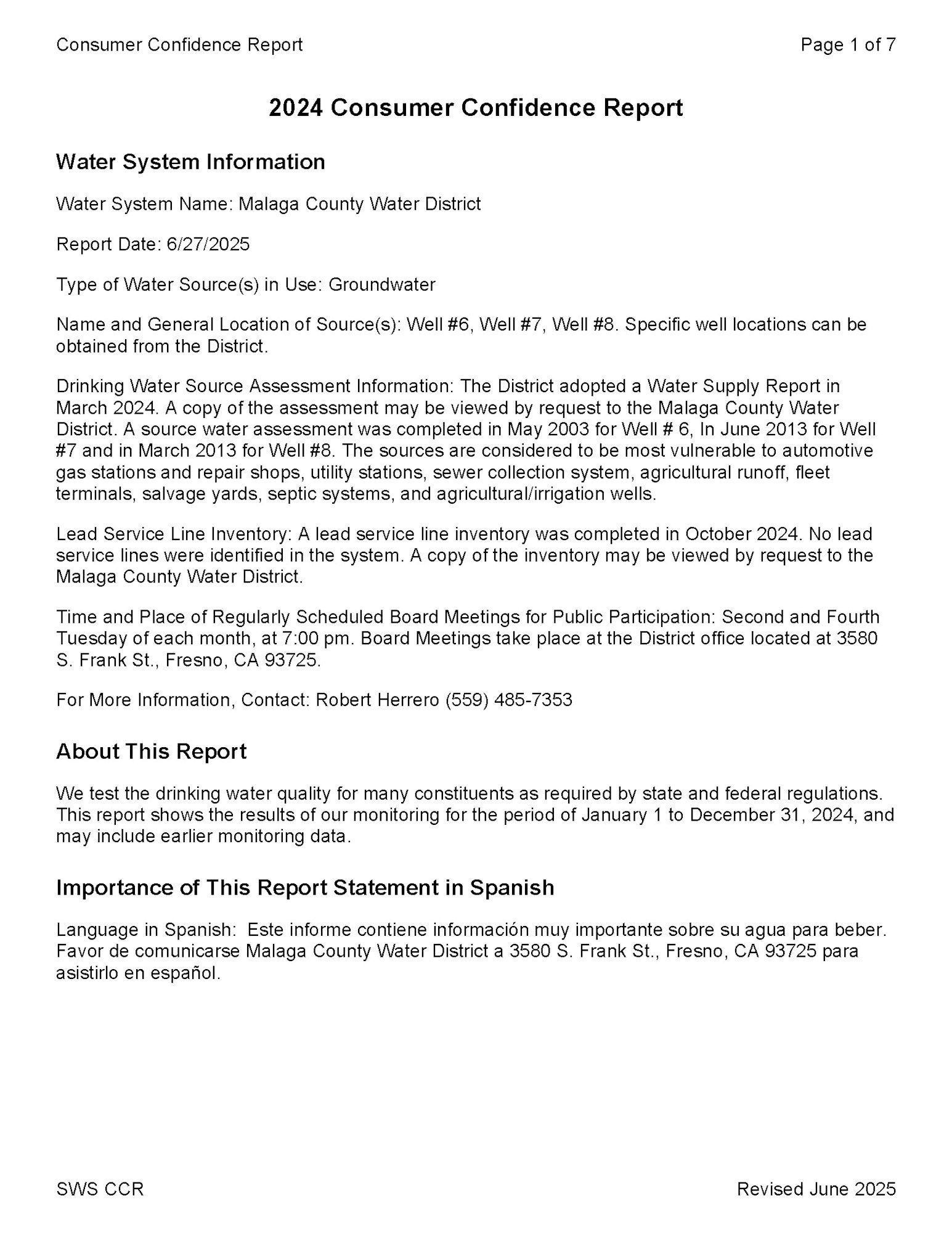2024 Consumer Confidence Report for Malaga County Water District, detailing water sources, assessments, and contact info.